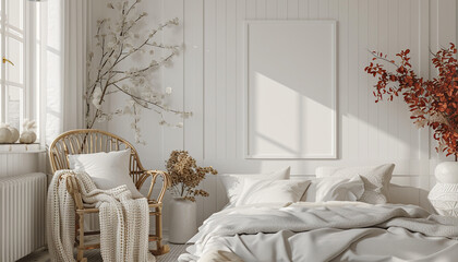 Bright Scandinavian bedroom white walls with empty frame