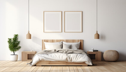 Bright Scandinavian bedroom white walls with empty frame