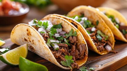 Delicious tacos with lime and chopped onions served on wooden platter