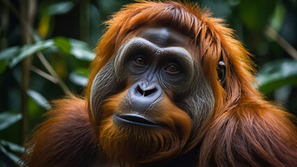 majestically tranquil orangutan lounges in the dappled sunlight,