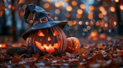 Celebrate halloween with pumpkin decoration and autumn leaves in enchanted forest
