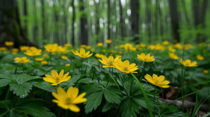 Obraz premium Yellow gagea lutea blooms in verdant woodland during spring