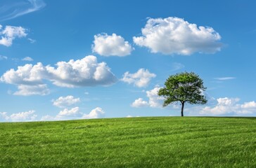  a Blue Sky with White Clouds, Green Grassy Field, and a Single Tree in the Upper Right Corner