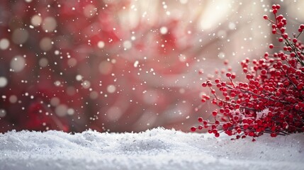 Snowy foreground with red berries against a red and white christmas backdrop