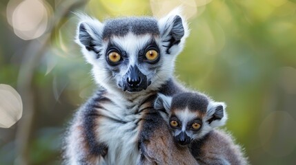 Obraz premium Mother ring-tailed lemur cuddles her young offspring in natural habitat