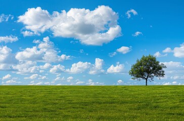  a Blue Sky with White Clouds, Green Grassy Field, and a Single Tree in the Upper Right Corner