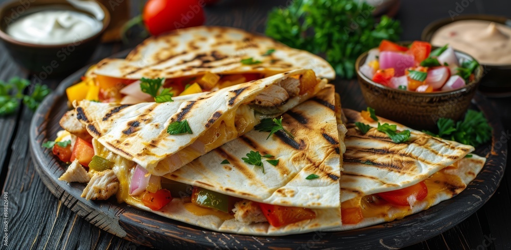 Wall mural grilled chicken and vegetable quesadillas on a wooden plate