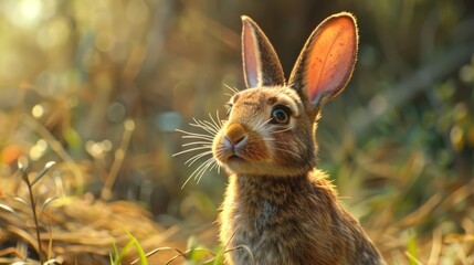 Obraz premium Charming brown rabbit with raised ear in sunlit meadow at dusk