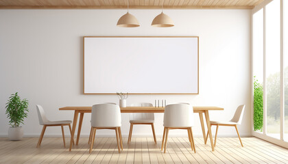 Bright Scandinavian dining room white walls with empty frame