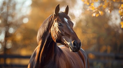 Majestic horse in golden autumn habitat during sunset