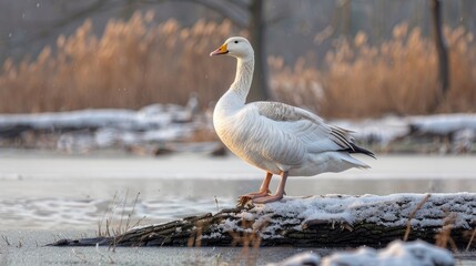 Fototapeta premium Lonely white goose sitting on a log in snowy landscape