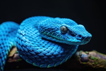 Fototapeta premium Blue Insularis snake on branch ready to attack with black background closeup view