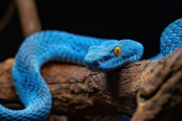 Blue viper snake ready to attack on branch with black background closeup
