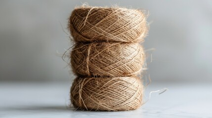 Stacked coconut twine rolls on white surface in natural light