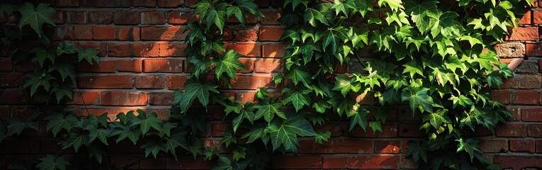 Sunlit Ivy on Red Brick Wall in Tranquil Setting