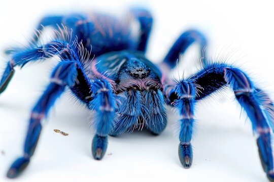 Close up photo of a juvenile blue spider on white background