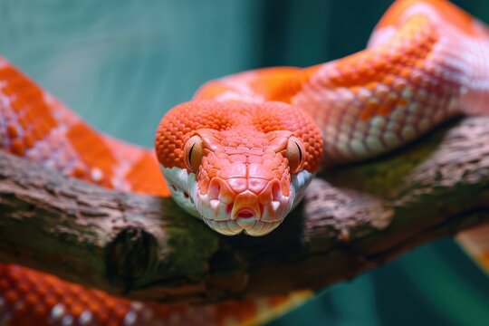 Close up photo of red corn snake on branch