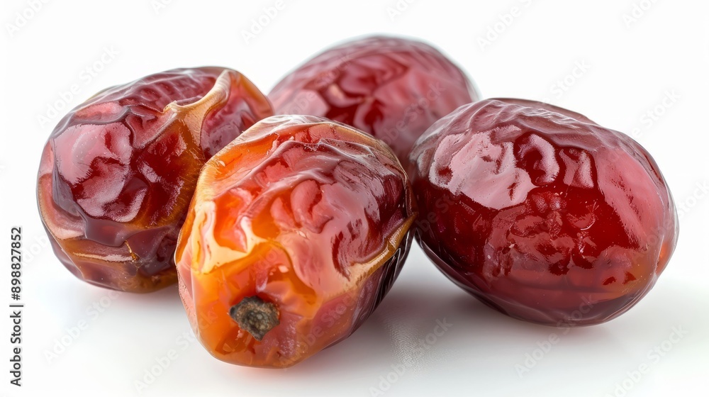 Poster closeup view of three ripe dates on a white background