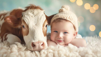 Fototapeta premium A cute baby and cow is laying down with an isolated pastel background 