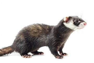 Naklejka premium Gray black sable ferret stands sideways on white background Exotic pet care concept