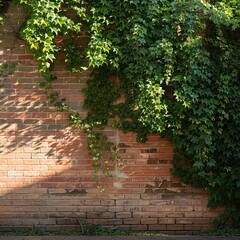 Sunlit Ivy on Red Brick Wall in Tranquil Setting