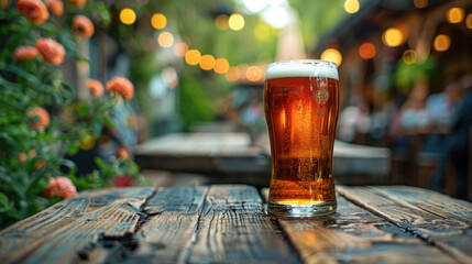 pint of beer placed on a wooden table on the terrace of a bar in summer