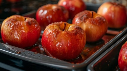 Baked apples with sugar, butter, and cinnamon in cozy kitchen oven