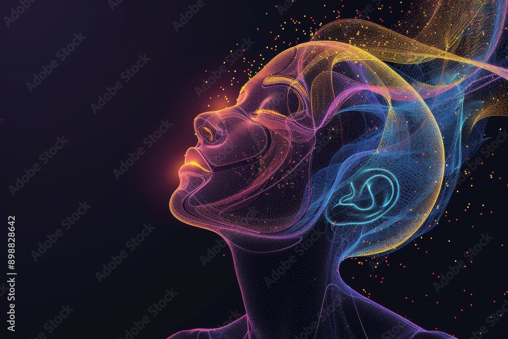 Poster glowing colorful face with abstract light patterns