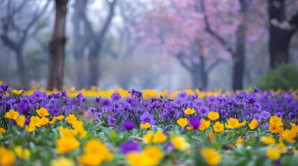 Obraz premium Vibrant yellow and violet blooms in spring park
