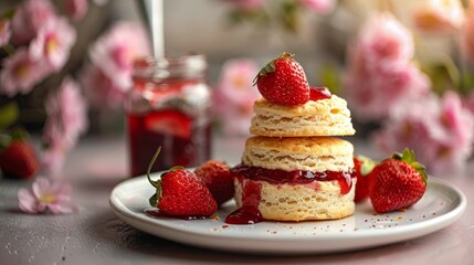 Strawberry jam and scones served with fresh strawberries on a white plate