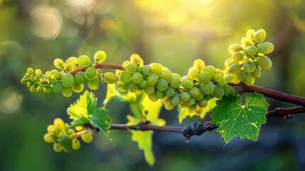 Growing baby grapes on a green branch in a sunlit vineyard