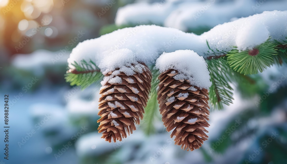Poster close-up of two pine cones hanging from a snowy pine tree branch, with a bokeh background of snow-co