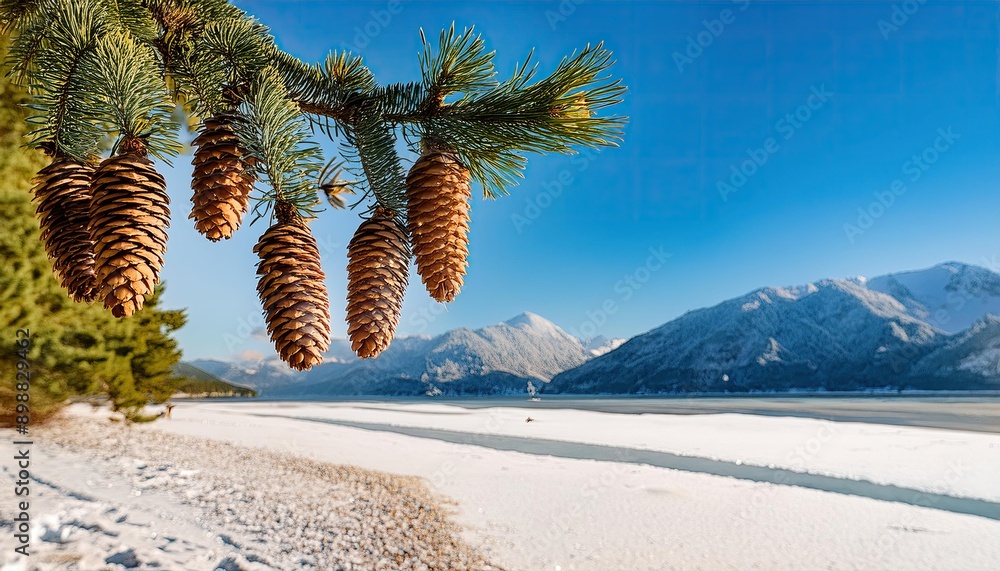 Poster pine cones hanging from a pine tree branch with snowy mountains and a clear blue sky in the backgrou