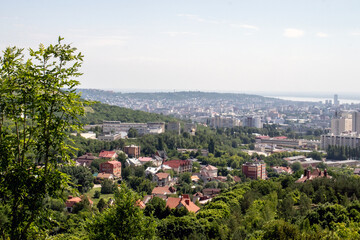 Panoramic view of the city of Saratov from a hill. The city of Saratov, panoramic view from a high hill outside the city. Residential development of the city, view from a high point on a hill.