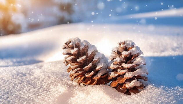 Two pine cones covered in snow on a snowy ground, with a beautiful, soft golden light and snowflakes gently falling
