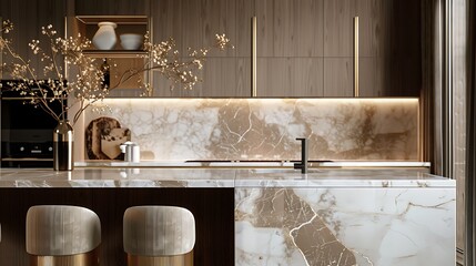 Elegant kitchen with marble and brass details 