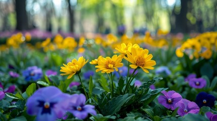 Fototapeta premium Yellow and violet blooms at the park during spring