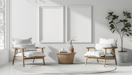 Bright Scandinavian spa room white walls with empty frame