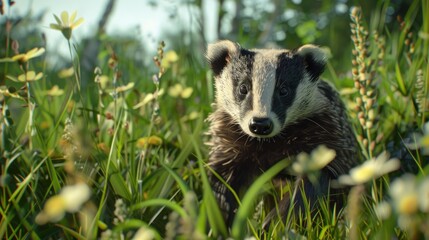 A badger crosses a meadow and gazes at the camera