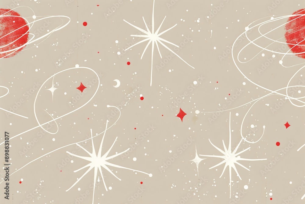 Poster abstract space pattern with planets and stars on a beige background