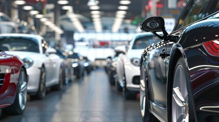 Obraz premium Luxury Car Showroom Surveillance Ensuring Security of High-End Vehicles