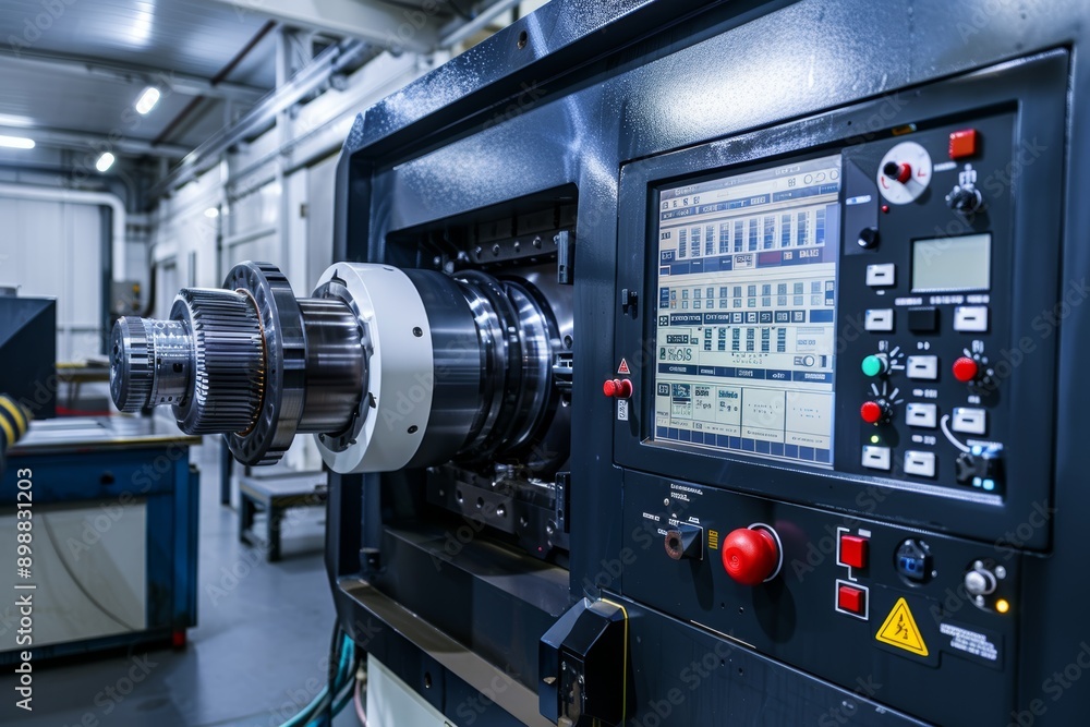 Poster precision cnc machining center performing complex milling operation on metal workpiece