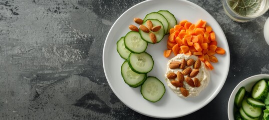 Fresh and Nutritious Snack Plate with Sliced Cucumbers, Hummus, and Almonds in a Modern Kitchen Setting