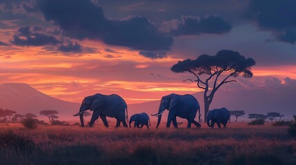 Elephant family walking across the savanna at dusk 