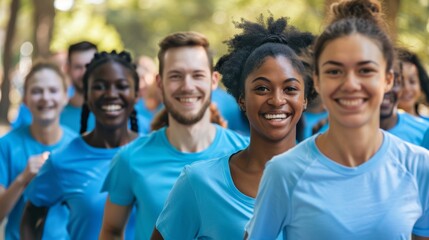 Friends Enjoying Fun Run for Diabetes Prevention in Matching Blue T-Shirts
