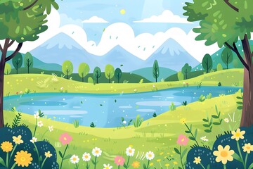 Naklejka premium Beautiful Spring Landscape With Mountain And Lake