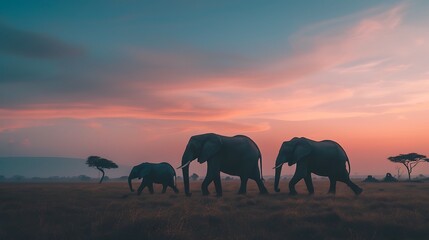 Elephant family walking across the savanna at dusk 