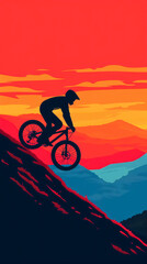 Obraz premium Colorful illustration of a cyclist riding downhill at sunset, with vibrant mountain landscape in the background.