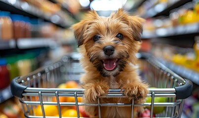 Cute funny dog in grocery store shopping in supermarket. puppy dog sitting in a shopping cart on...