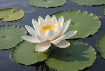  A single lotus flower floating on a pond. 